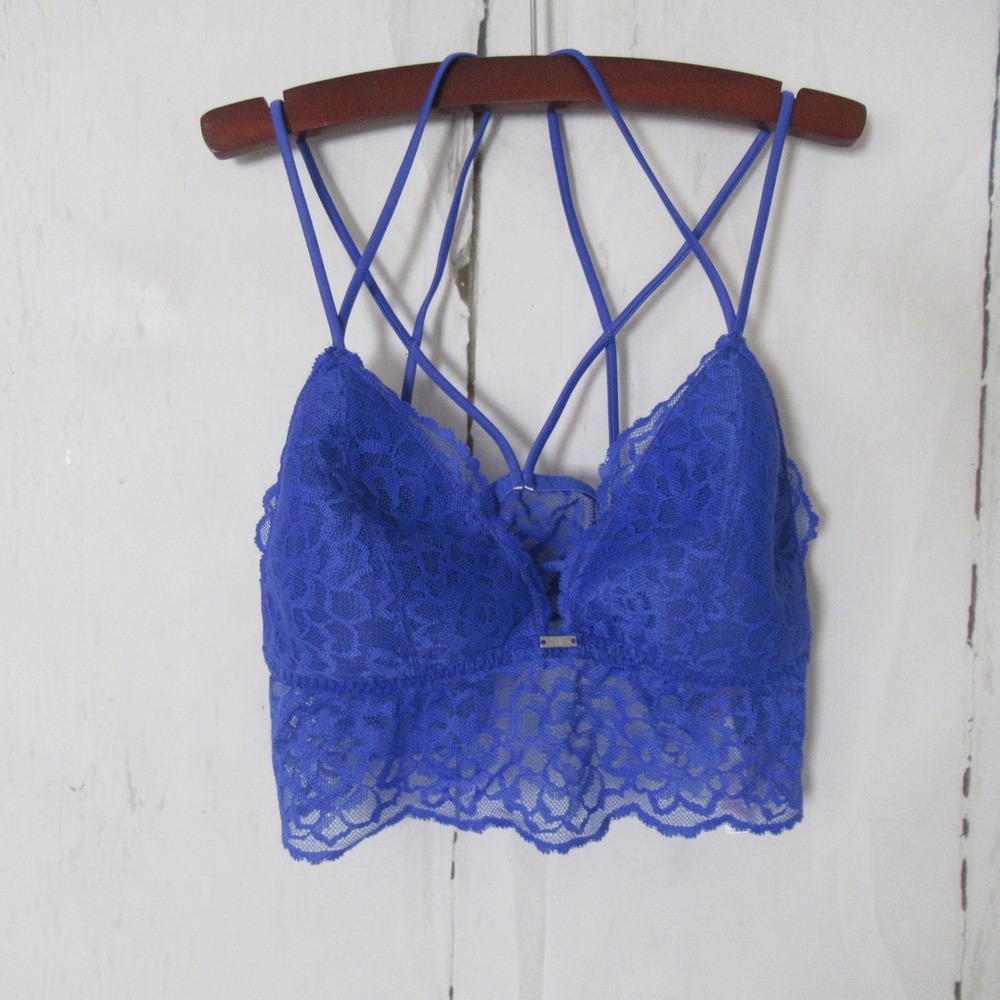 Victorias Secret Bra PINK Bralette M Blue Lace Triangle Strappy Longline